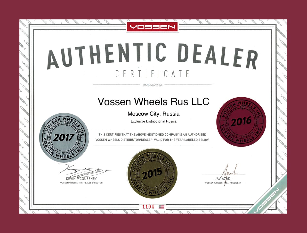 Сертификат Vossen Wheels